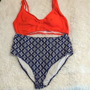 Cupshe -Red Bikini Top and Blue Floral High-Waisted Bottoms